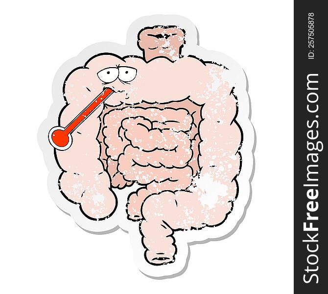 distressed sticker of a cartoon unhealthy intestines