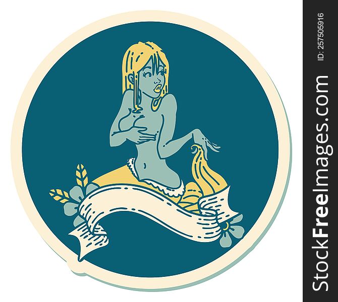 Tattoo Style Sticker Of A Pinup Mermaid With Banner