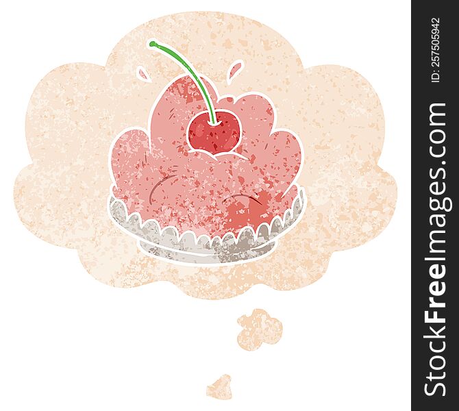 cartoon dessert with thought bubble in grunge distressed retro textured style. cartoon dessert with thought bubble in grunge distressed retro textured style