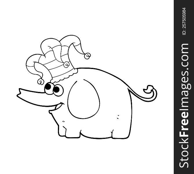 black and white cartoon elephant wearing circus hat