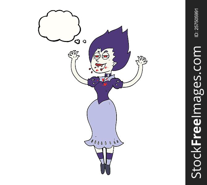 freehand drawn thought bubble cartoon vampire girl with bloody mouth