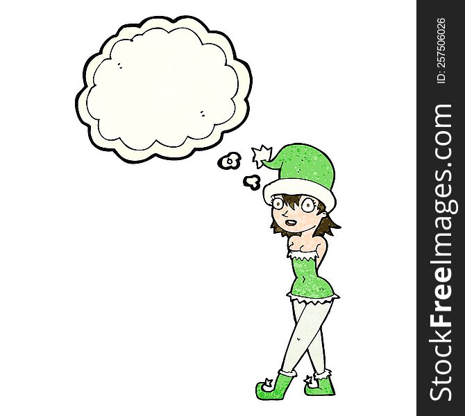 Cartoon Woman In Christmas Elf Costume With Thought Bubble