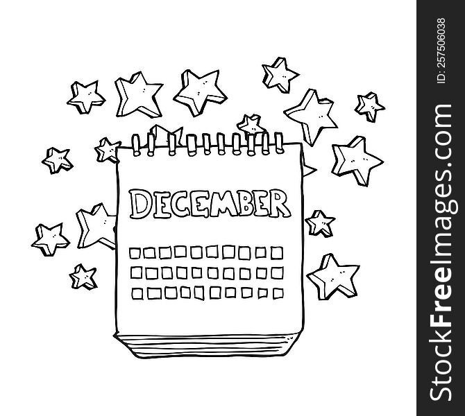 freehand drawn black and white cartoon calendar showing month of December