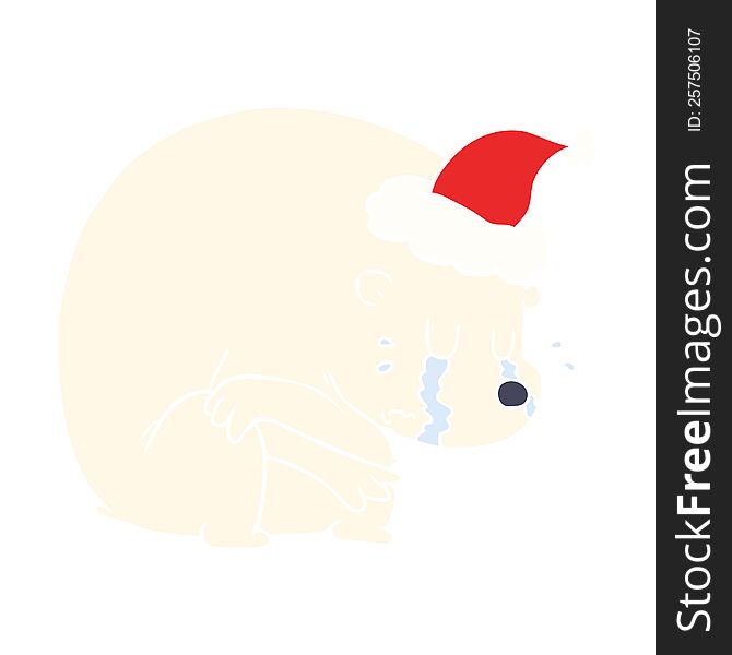 crying flat color illustration of a polar bear wearing santa hat