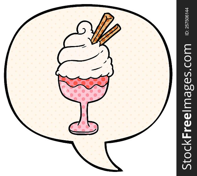 cartoon ice cream dessert with speech bubble in comic book style