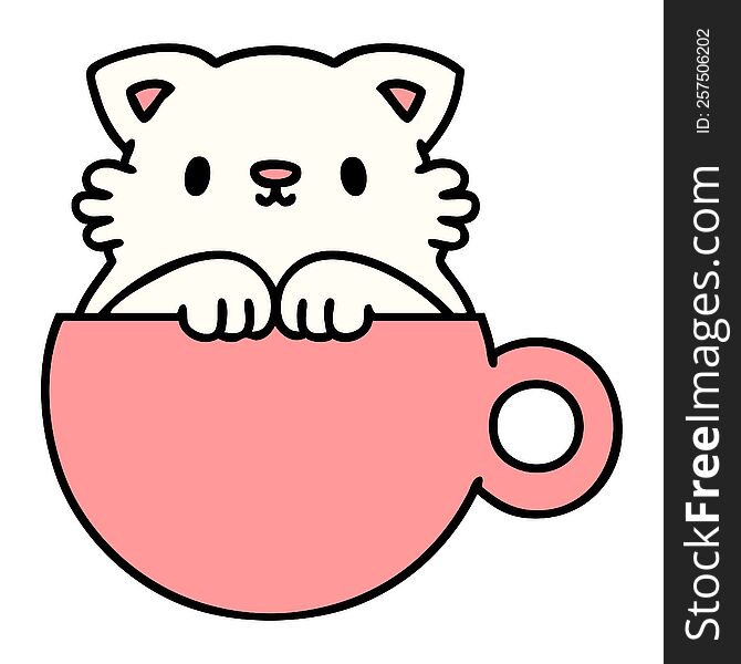 cartoon of a cute little cat in a coffee cup. cartoon of a cute little cat in a coffee cup