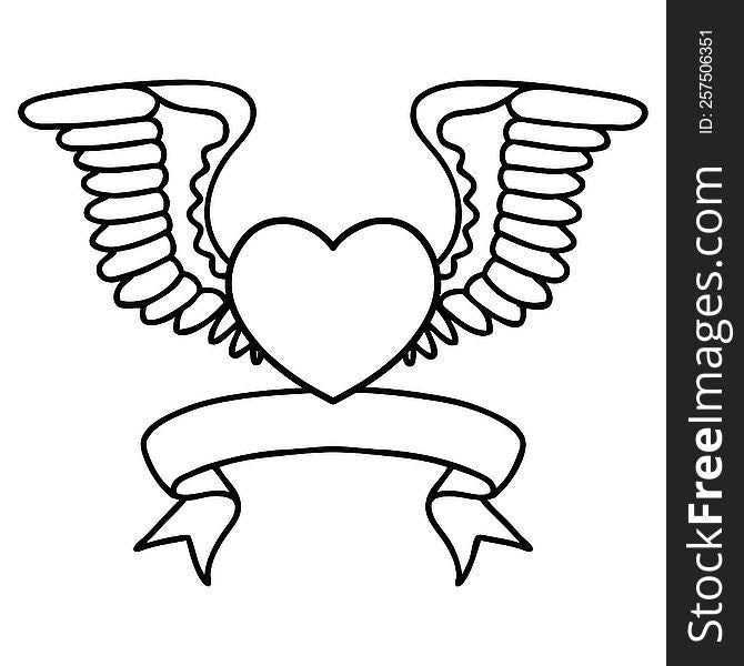 Black Linework Tattoo With Banner Of A Heart With Wings