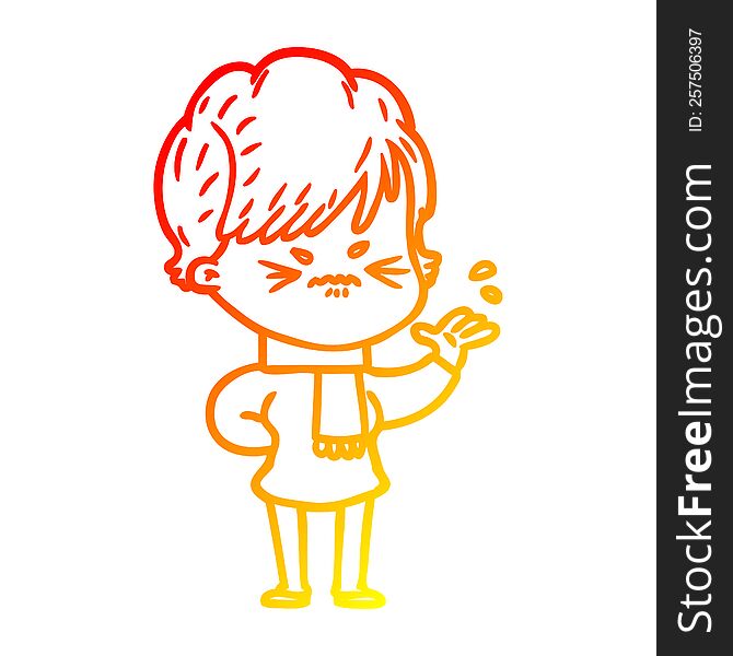 warm gradient line drawing of a cartoon frustrated woman