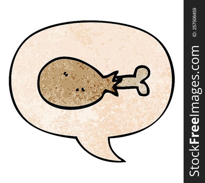 Cartoon Cooked Chicken Leg And Speech Bubble In Retro Texture Style