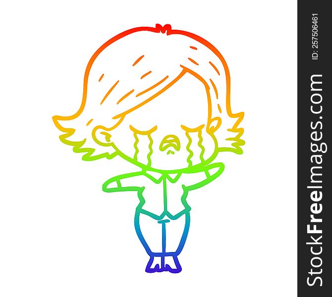Rainbow Gradient Line Drawing Cartoon Girl Crying
