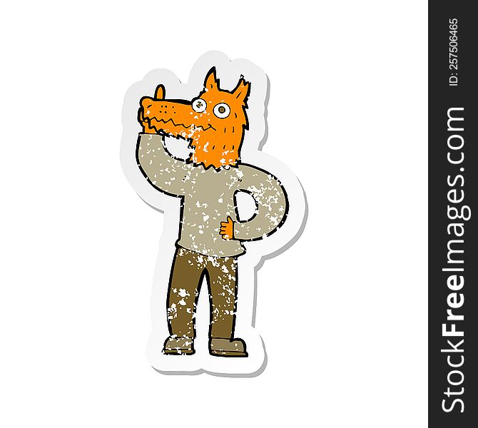 Retro Distressed Sticker Of A Cartoon Fox Man With Idea