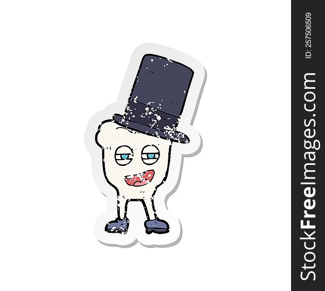 Retro Distressed Sticker Of A Cartoon Tooth With Top Hat