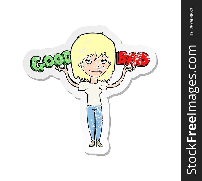 retro distressed sticker of a cartoon woman weighing up options