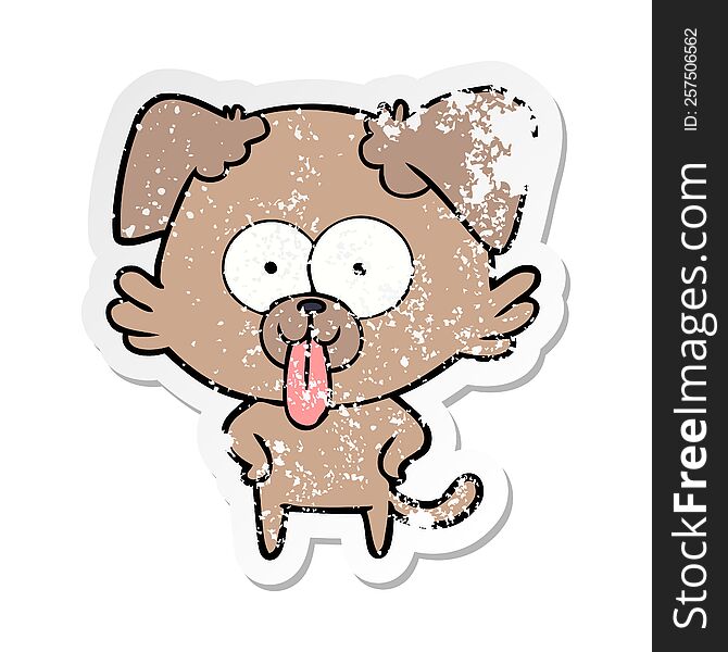distressed sticker of a cartoon dog with tongue sticking out