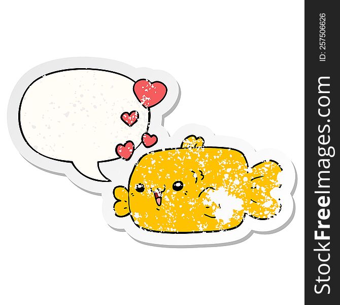 cute cartoon fish and love hearts and speech bubble distressed sticker