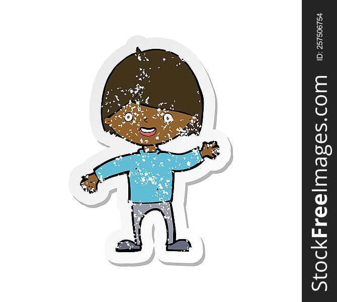 Retro Distressed Sticker Of A Cartoon Waving Boy