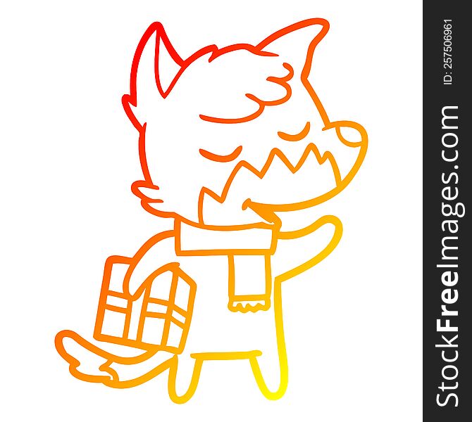 warm gradient line drawing of a friendly cartoon fox with christmas present