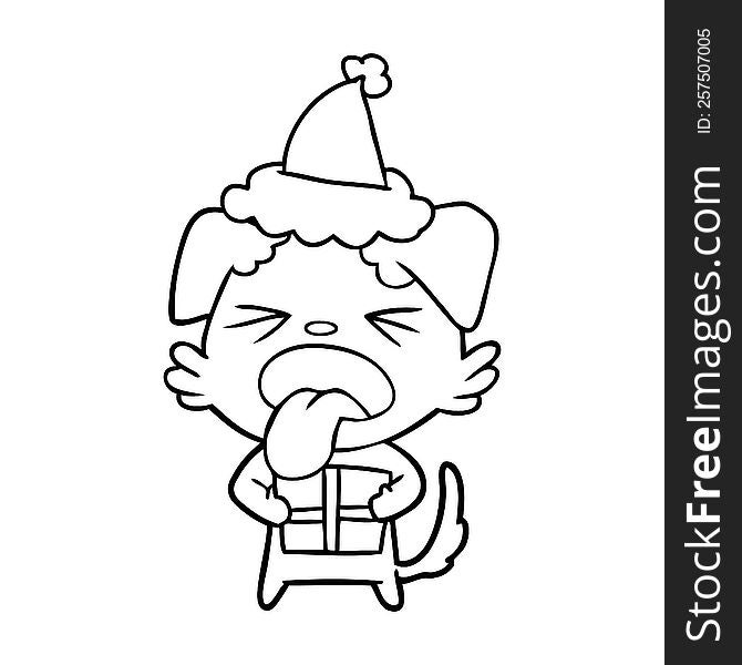 Line Drawing Of A Dog With Christmas Present Wearing Santa Hat