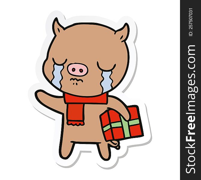 Sticker Of A Cartoon Pig Crying Over Christmas Present