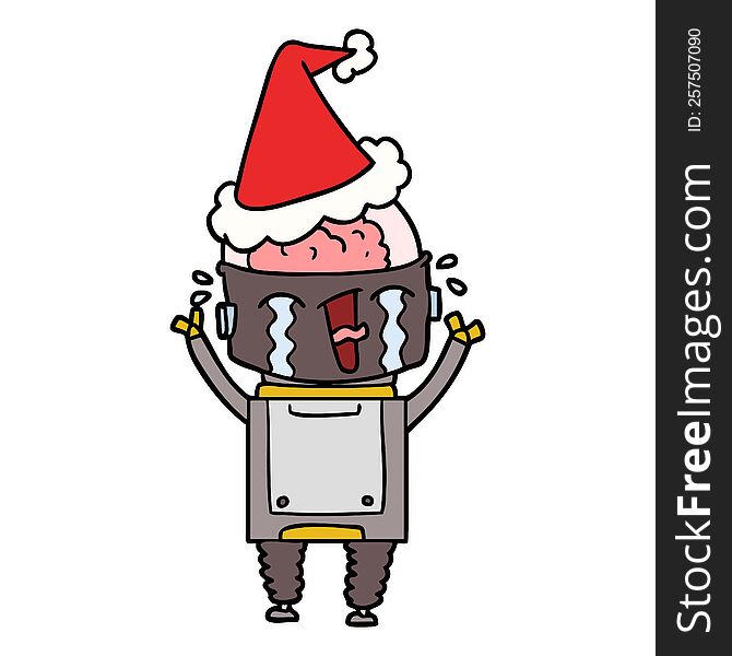Line Drawing Of A Crying Robot Wearing Santa Hat