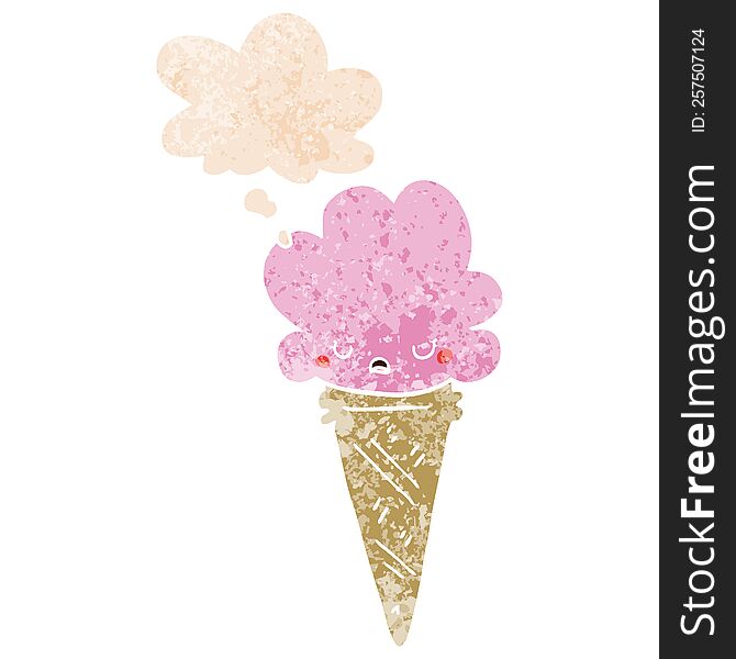 cartoon ice cream with face with thought bubble in grunge distressed retro textured style. cartoon ice cream with face with thought bubble in grunge distressed retro textured style