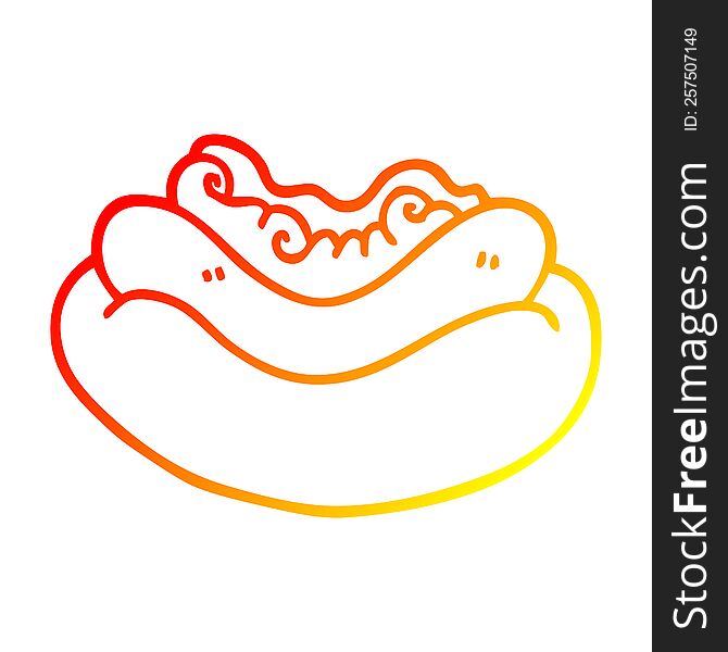 warm gradient line drawing of a cartoon hotdog in a bun