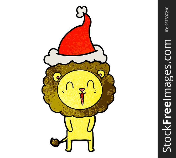 laughing lion hand drawn textured cartoon of a wearing santa hat. laughing lion hand drawn textured cartoon of a wearing santa hat