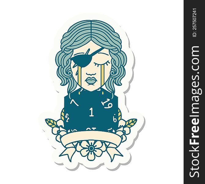 sticker of a crying human rogue with natural one roll. sticker of a crying human rogue with natural one roll