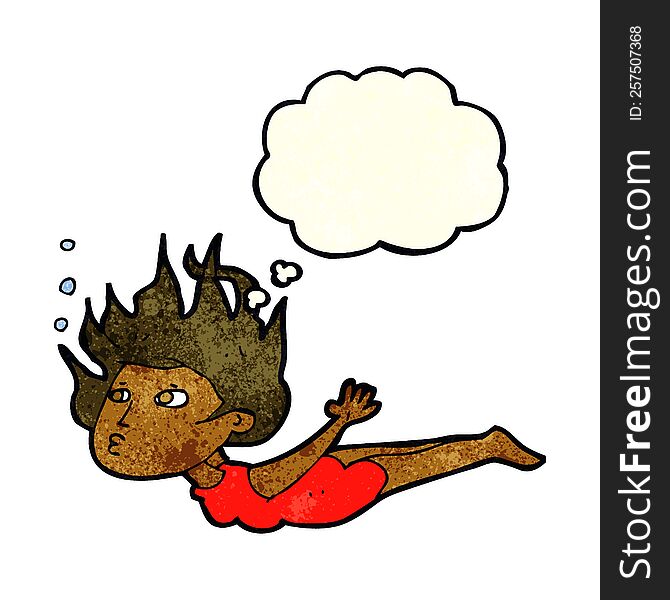 cartoon woman swimming underwater with thought bubble