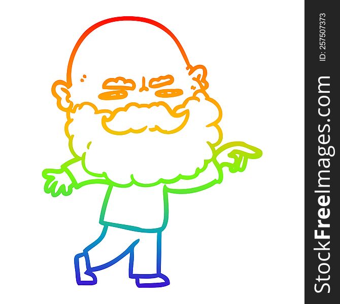 Rainbow Gradient Line Drawing Cartoon Man With Beard Frowning And Pointing