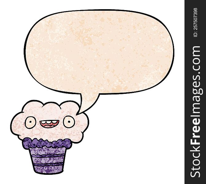funny cartoon cupcake with speech bubble in retro texture style