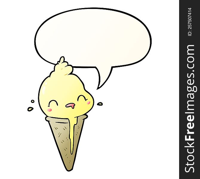 Cute Cartoon Ice Cream And Speech Bubble In Smooth Gradient Style