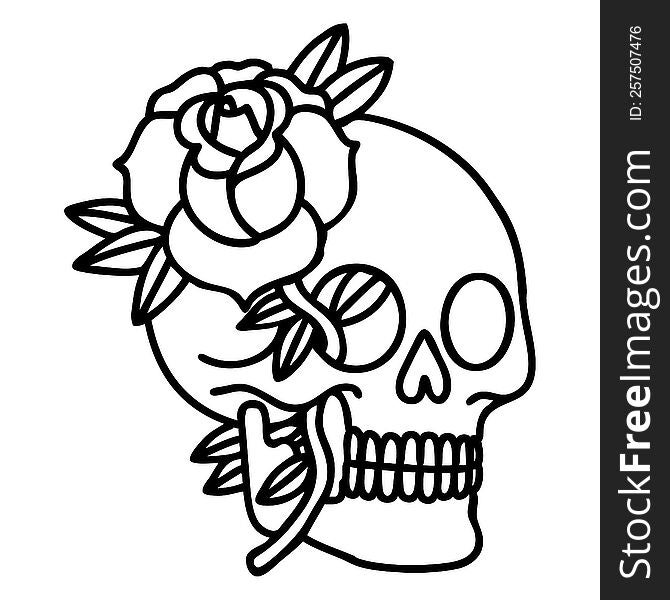 black line tattoo of a skull and rose