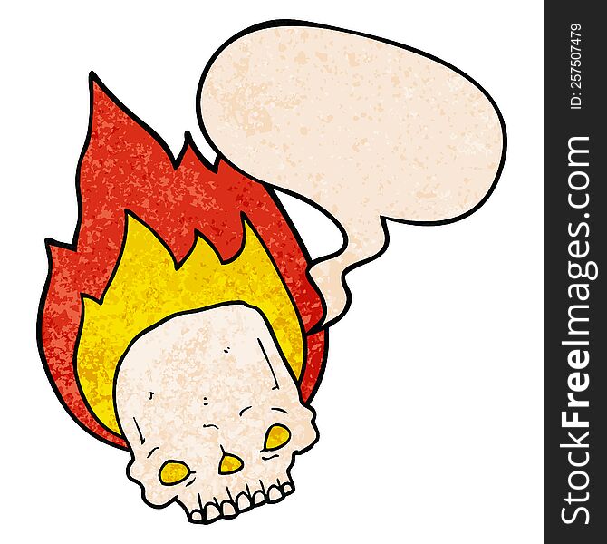 Spooky Cartoon Flaming Skull And Speech Bubble In Retro Texture Style