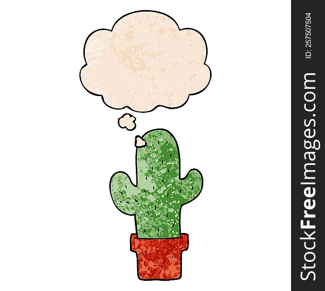 Cartoon Cactus And Thought Bubble In Grunge Texture Pattern Style