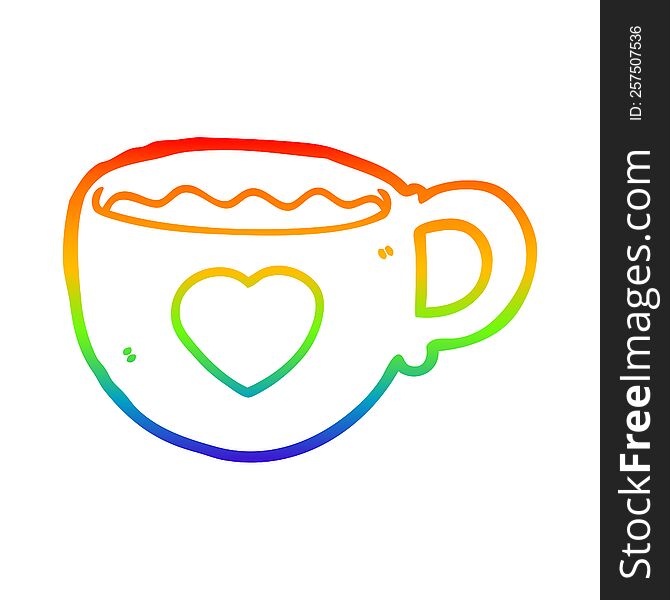 rainbow gradient line drawing of a I love coffee cartoon cup