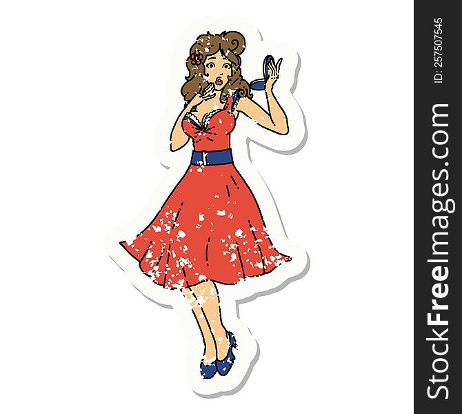 distressed sticker tattoo in traditional style of a pinup surprised girl. distressed sticker tattoo in traditional style of a pinup surprised girl