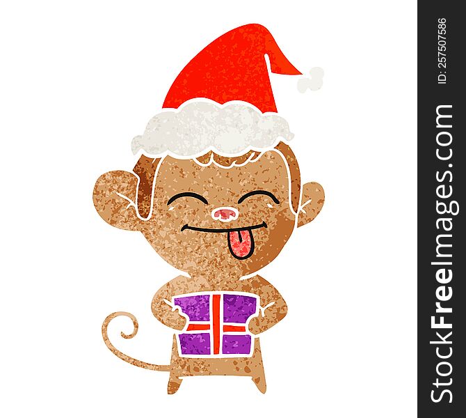 Funny Retro Cartoon Of A Monkey With Christmas Present Wearing Santa Hat