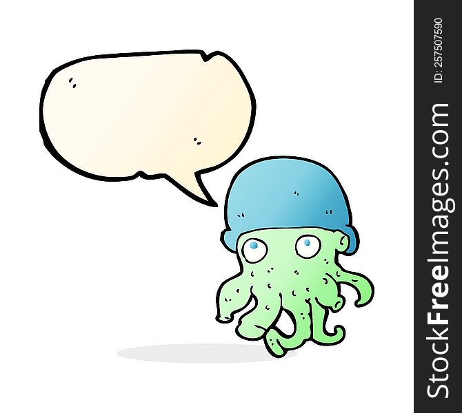 Cartoon Alien Head Wearing Hat With Speech Bubble