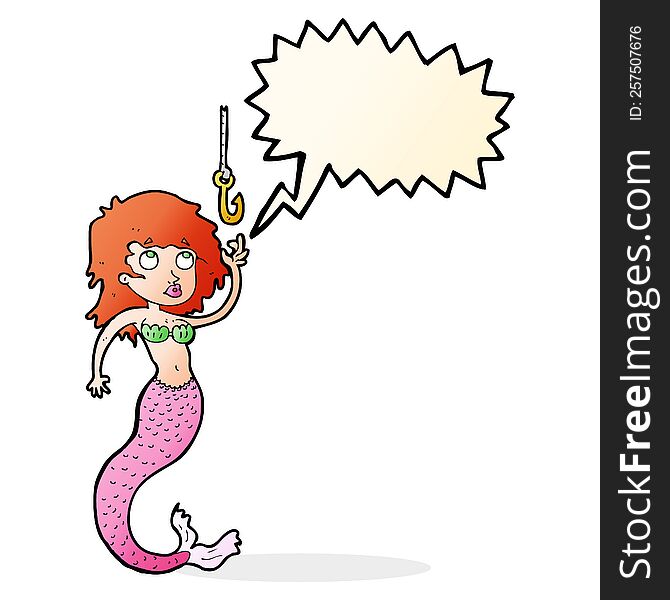 cartoon mermaid and fish hook with speech bubble