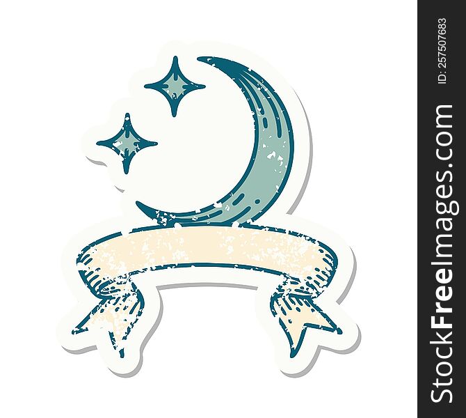 Grunge Sticker With Banner Of A Moon And Stars
