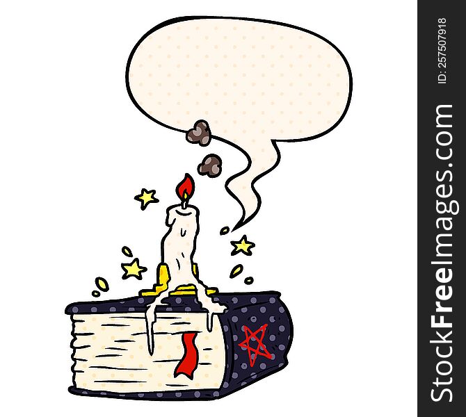 cartoon spooky spellbook with dribbling candle with speech bubble in comic book style. cartoon spooky spellbook with dribbling candle with speech bubble in comic book style