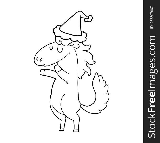 hand drawn line drawing of a horse wearing santa hat