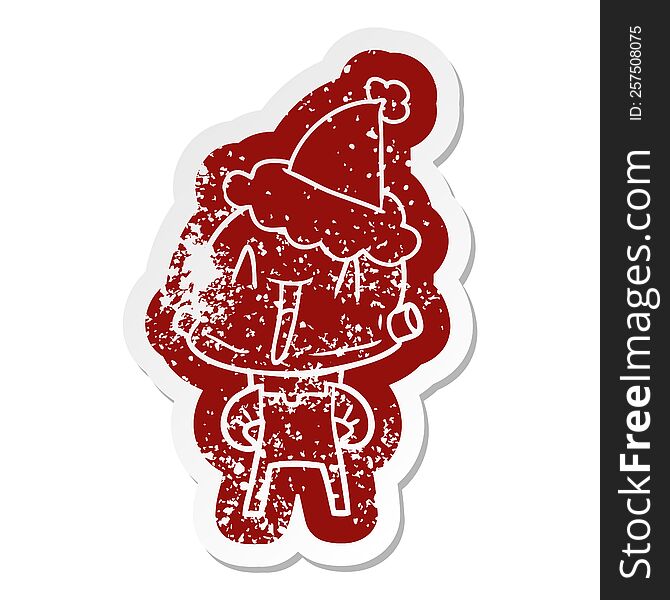 Cartoon Distressed Sticker Of A Robot Wearing Santa Hat