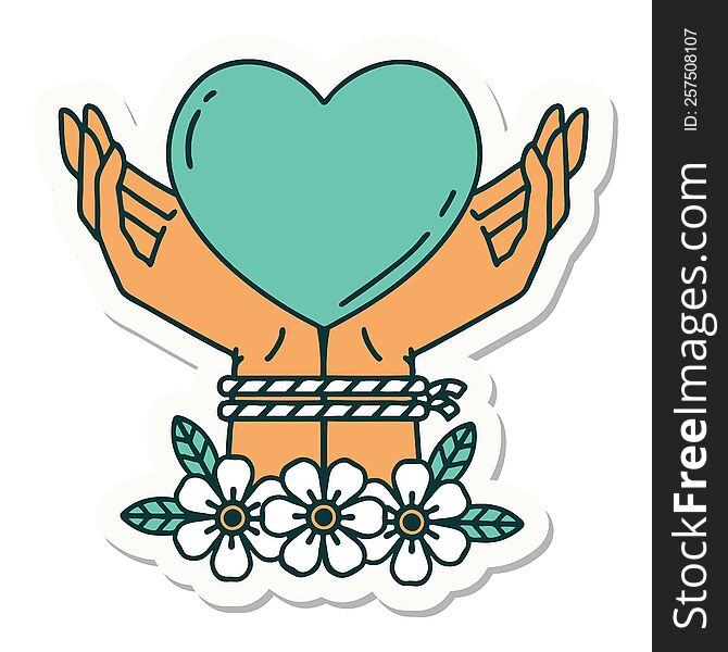sticker of tattoo in traditional style of tied hands and a heart. sticker of tattoo in traditional style of tied hands and a heart