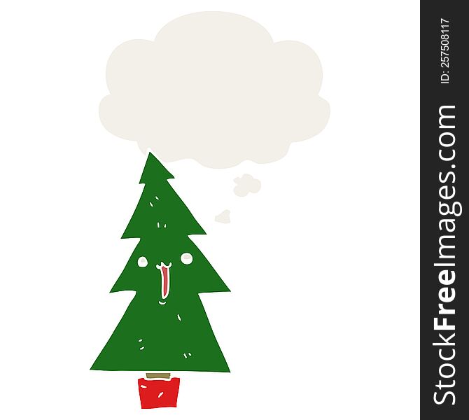 cartoon christmas tree with thought bubble in retro style