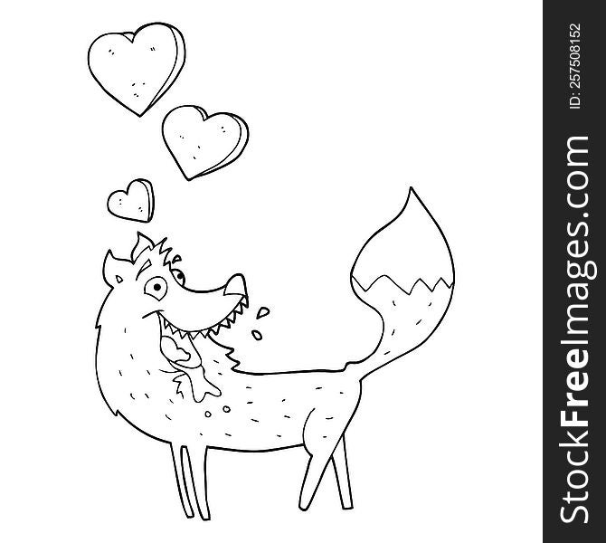 freehand drawn black and white cartoon wolf in love