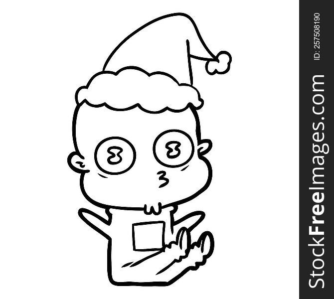 hand drawn line drawing of a weird bald spaceman wearing santa hat