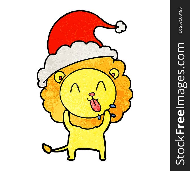 Happy Textured Cartoon Of A Lion Wearing Santa Hat