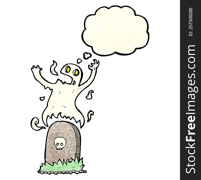 cartoon ghost rising from grave with thought bubble